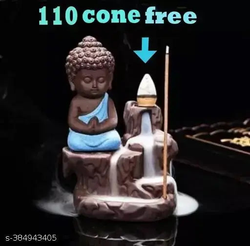 Black blue conical polyresin Smoke Fountain Buddha for home decor, 110 scented cone incenses