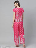 Soft pink rayon floral nightsuits set (pack of 2), perfect for a stylish and comfortable nightwear option. Geometric printed round neck nightsuit from Yash Gallery, made in India