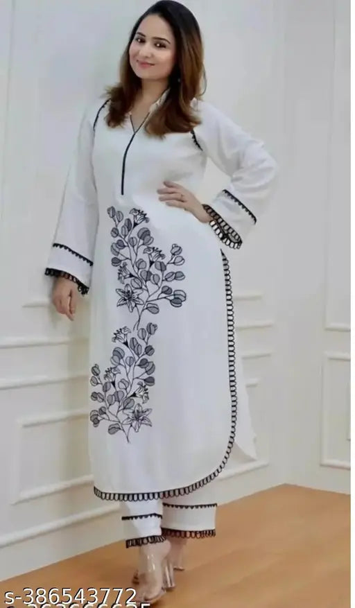 Elegant Viscose Rayon Kurta Set with printed net embroidery mastery, full sleeve, long pants - India