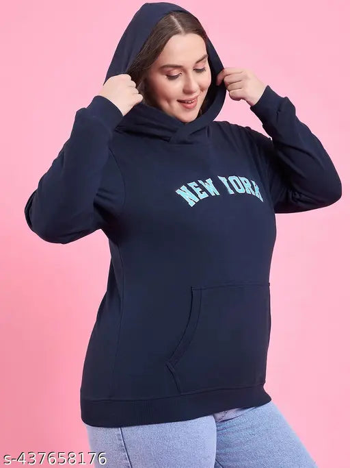 Navy fleece women's printed solid sweatshirt with long sleeves, navy and pattern-accented on a hanger