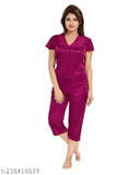 Soft satin capri night suit set for sleepwear and loungewear, women's top & bottom in solid satin fabric, ideal for bedroom or special occasions, Indian-made quality fashion