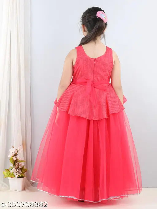 Coral net peplum party dress for kids, embellished with Toy Balloon motif, sleeveless and available in various sizes