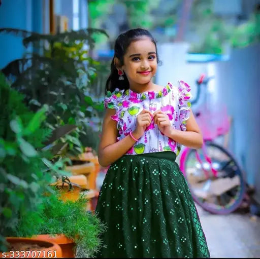 Girls A-line satin silk and rayon lehenga choli set, printed with embroidery, for 2-12 year olds. Indian traditional wear for kids parties or events