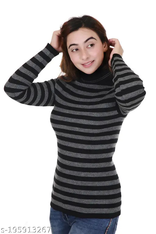 Black striped woolen full sleeve high neck girls' sweater by 100LUCK