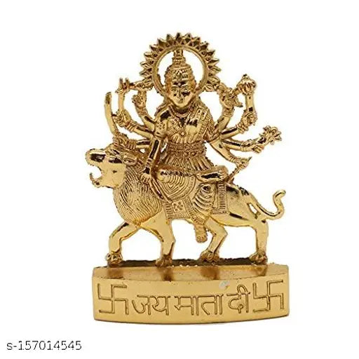 Metal Maa Durga Sherawali Idol, 10"L x 4.5"H x 0.5"B, Indian temple decor for puja figurines
