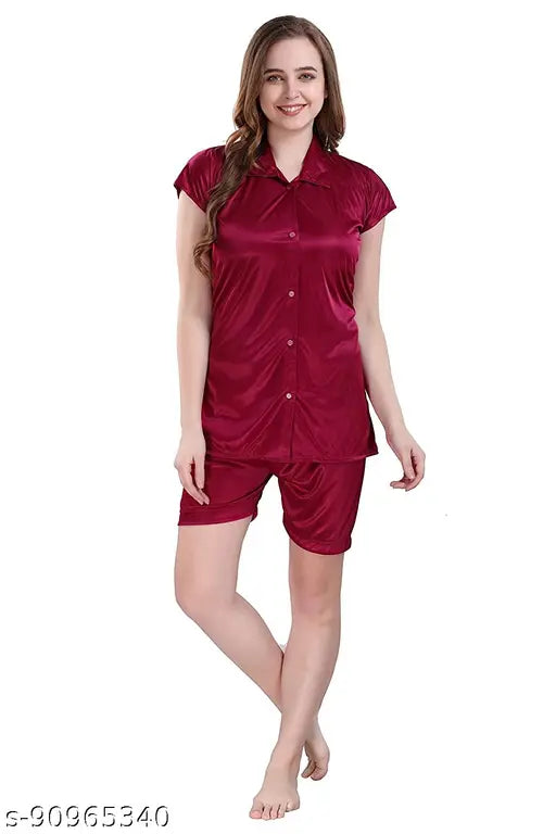 Dark pink satin night suit: Shirt & shorts set for comfortable sleepwear, ideal for loungewear/nightwear. Made with best quality Indian satin