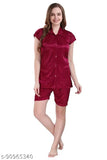 Dark pink satin night suit: Shirt & shorts set for comfortable sleepwear, ideal for loungewear/nightwear. Made with best quality Indian satin