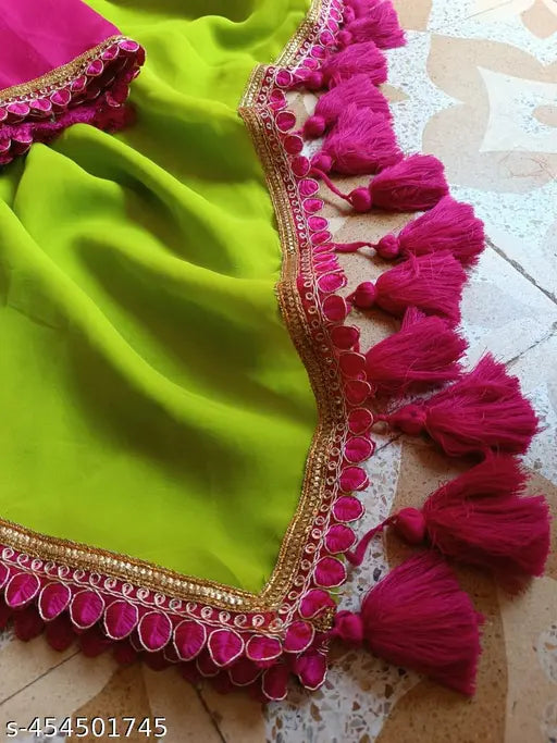 Parrot color Georgette saree with embroidered patterns, single free size, Indian-made fashion item on model