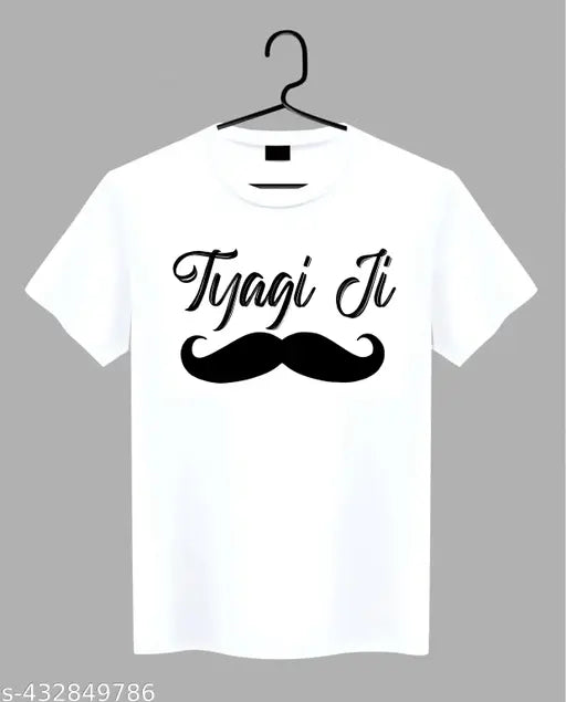 White polyester round neck T-shirt for man, printed net design on half sleeves by Geetaffashion