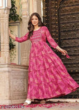 Embroidered rayon anarkali kurta with three-quarter sleeves, printed combo design. Close-up of single size S (36in bust, 46in length)