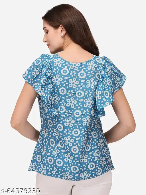 Viscose printed regular fit western top, short sleeves, vibrant design - stylish women's fashion from India