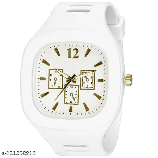 White sports watch with gold-toned accents, digital display, and multiple function buttons