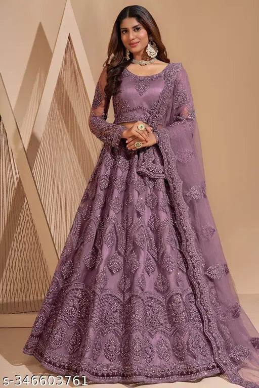 Embroidered semi-stitched net lehenga choli for women and girls, showcasing intricate embroidery in traditional Indian attire