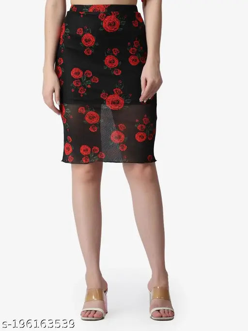 Black floral printed pencil skirt, polyester, durable and comfy, knee-length, elasticated waistband, sheered lining, sizes 26-34, Indian origin