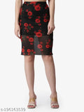 Black floral printed pencil skirt, polyester, durable and comfy, knee-length, elasticated waistband, sheered lining, sizes 26-34, Indian origin
