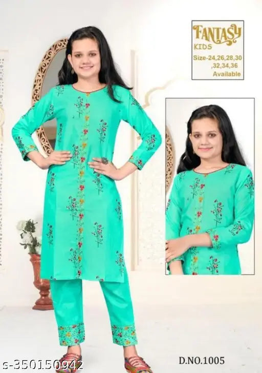 Cotton embroidered girls kurta set with bottomwear, India. Three-quarter sleeves, aged 9-13 years
