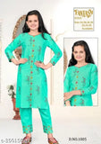 Cotton embroidered girls kurta set with bottomwear, India. Three-quarter sleeves, aged 9-13 years