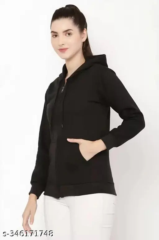 Fleece women's sweatshirt, solid color, long sleeves, hooded design with pockets, zip closure - India