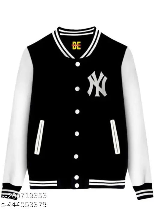 Trendy black varsity jacket with white sleeves, white lettering on a blue background