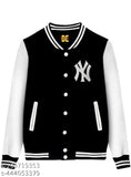 Trendy black varsity jacket with white sleeves, white lettering on a blue background