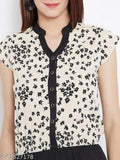 Crepe cream and black printed jumpsuit for women, short-sleeved, L size (India origin)