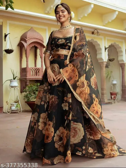 Floral print net Women's Lehenga Choli set with matching dupatta, elegant Indian wedding wear