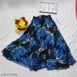 Navy blue flared georgette skirt with printed net design, ideal for women's fashion. Maxi length and machine washable. Brand: Raabta Fashion