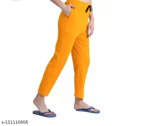 Yellow cotton women's night pyjamas with side pockets for yoga or gym, comfortable daily wear pajamas