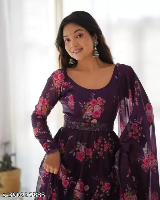 Georgette printed dress with long sleeves, breathable fabric for parties & festivals