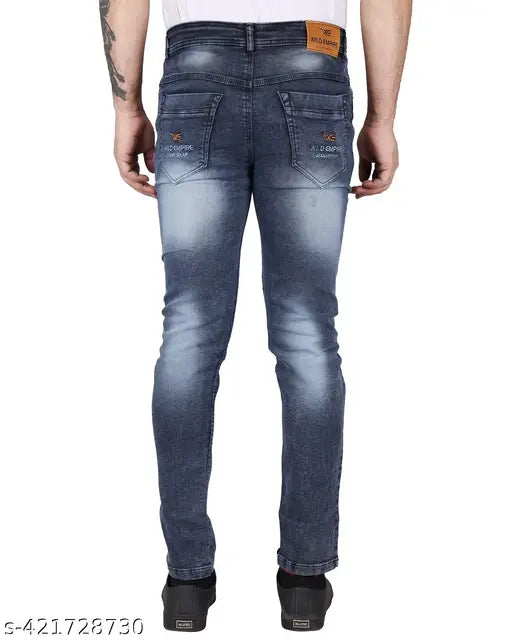 Men's denim jeans, black with jeera wash and distressed detailing