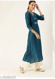 Teal silver-toned embellished cotton ALine kurta, XS/S (36in bust, 45in length), India
