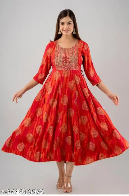 Rayon anarkali long kurti with three-quarter sleeves, tropical print design, size XS (34in bust, 50in length)