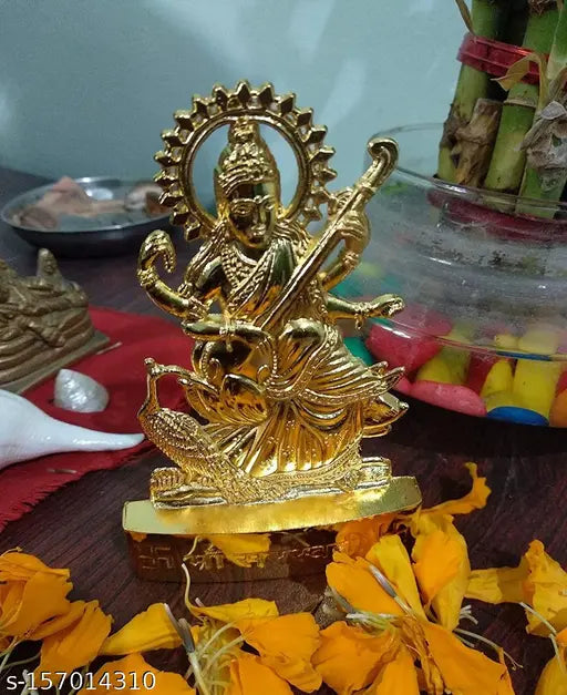 Gold-finished Haridwar Divine Metal Saraswati MATA statue for car dashboard or home decor, 10" x 4.5" x 0.5