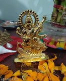 Gold-finished Haridwar Divine Metal Saraswati MATA statue for car dashboard or home decor, 10" x 4.5" x 0.5