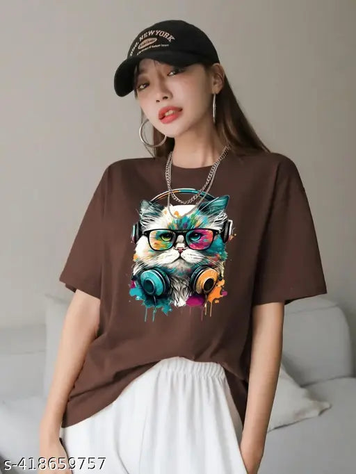 Brown graphic t-shirt with cat design and headphones, women's fashion, short sleeve