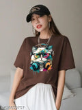 Brown graphic t-shirt with cat design and headphones, women's fashion, short sleeve