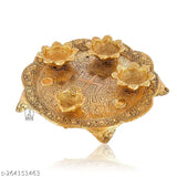 Metal Badhi Puja thali with 4 diya, gold-plated, for temple and home decoration, Indian handicraft