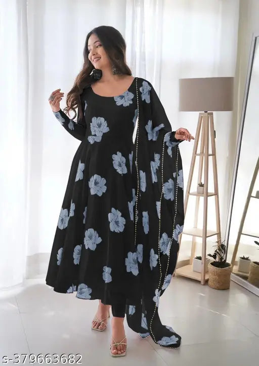 Georgette printed three-quarter sleeve women's gown and palazzo set with dupatta