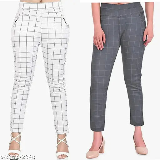White and grey checked net Lycra jeggings combo for women/girls, stretchy and shape-giving