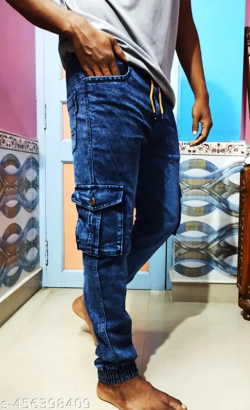 Blue stretchable denim men's joggers with six pockets