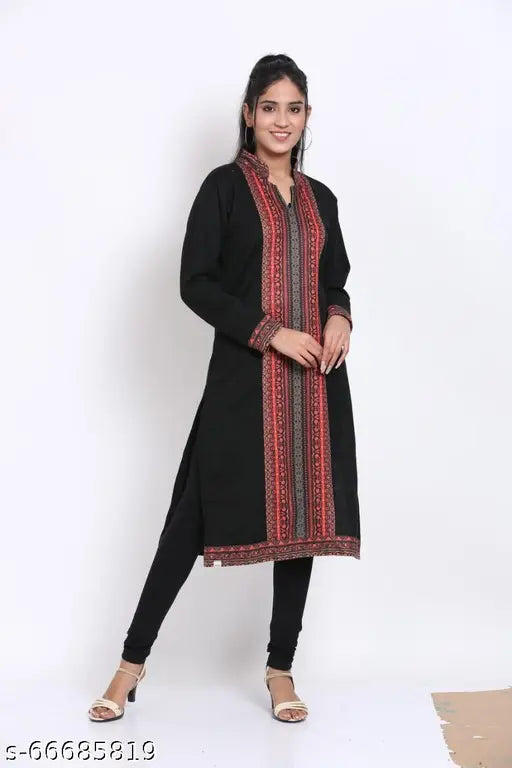 Fashionable black long-sleeved kurta party wear with straight cut, woolen material