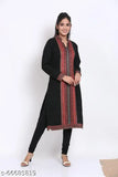 Fashionable black long-sleeved kurta party wear with straight cut, woolen material