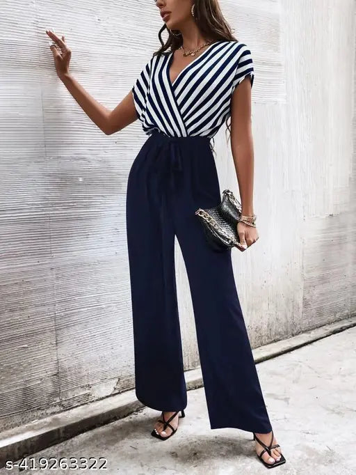Striped net Lycra sleeveless jumpsuit for women, fashionable and pretty, available in S-XL. Made in India
