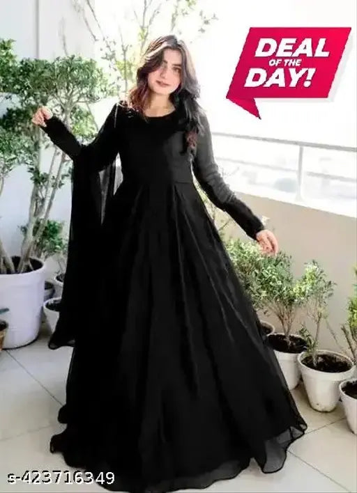Black Georgette Floral Designer Kurta Gown Set for Women, trending casual partywear with long sleeves and dupatta