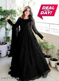 Black Georgette Floral Designer Kurta Gown Set for Women, trending casual partywear with long sleeves and dupatta