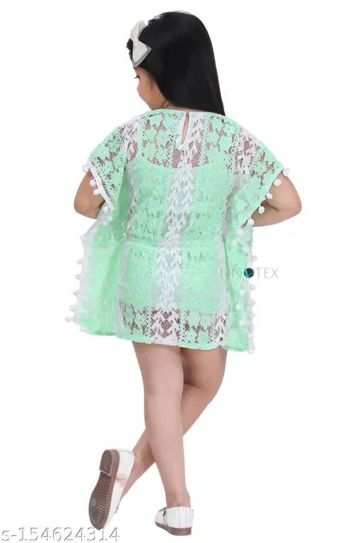 Linen fabric, pastel colors, lace trim, short sleeve, knee length dress