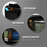 Travel pouch with multiple compartments containing various items and a black, zippered pocket