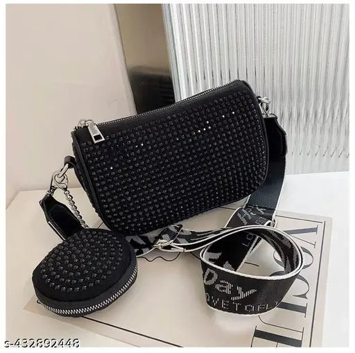 Black rhinestone sling bag with detachable crossbody strap, side square embellishment, coin pouch