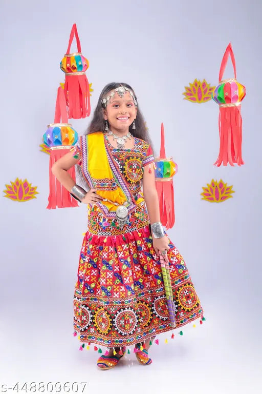 Red Banjara India Kutchi Embroidered Girls Chaniya Choli with Dupatta on hanger, vibrant multicolor embroidery design on cotton fabric
