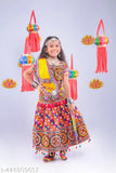 Red Banjara India Kutchi Embroidered Girls Chaniya Choli with Dupatta on hanger, vibrant multicolor embroidery design on cotton fabric